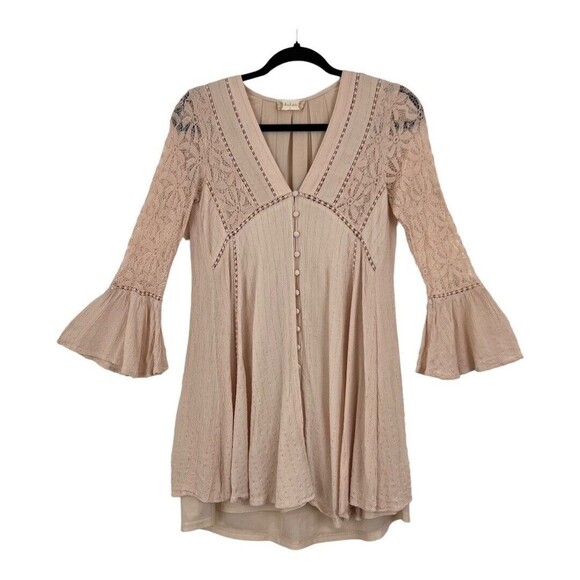 Altard State Womens Size Small Pink Gold Stripe Button Front Lace Sleeve Top - Picture 1 of 4